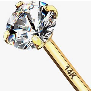 14K Gold 20 Gauge L Shape Nose Stud Cubic Zirconia NWT